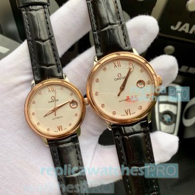 Copy Omega De Ville Quartz Lovers Watch SS White Dial Black Leather Strap